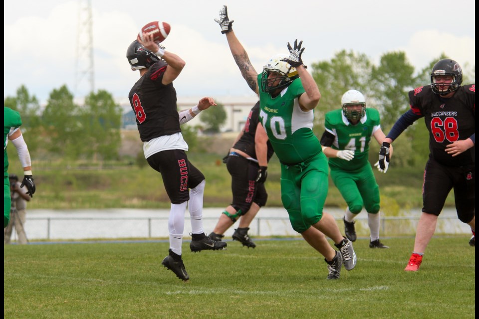 Airdrie Irish beat Central Alberta Buccaneers – the 2021 AFL champions, who knocked the Irish out of the playoffs in 2021 – during this year's Alberta Football League (AFL) season-opener on June 4.