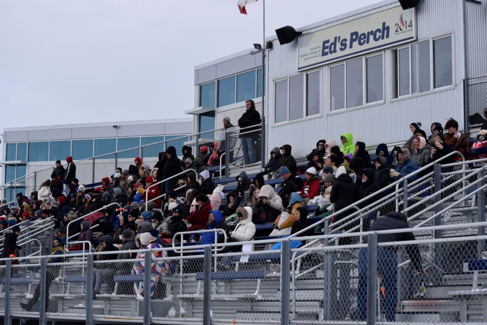 Fans bundled up at Ed Eggerer Field to watch the Mustangs and the Cobras. Temperature at kickoff was -1C. 