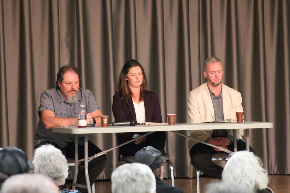 Beiseker candidates Mike Duffy, David Ledoyen, and Stephanie Young answered questions from the public at the community hall on Oct. 3 during a public forum.