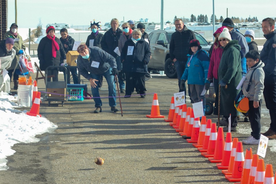 A makeshift bowling lane was set up out front of the Crossfield community hall for Rutabaga Bowl on Feb. 26, with the winner landing their veggie closest to the pin.