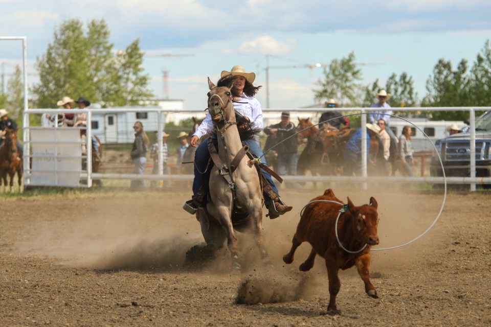 The Pete Knight Days rodeo and community celebration in Crossfield was back on June 11 to celebrate its 45th anniversary. Pictured is the winner of the women's breakaway roping.