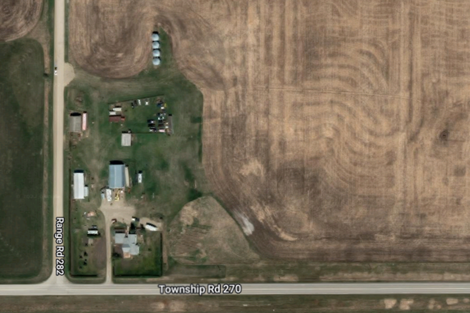 An aerial view of the Rocky View County property rented by the couple at the time of the 2020 police drug raid. The residence is a short drive east of Airdrie.