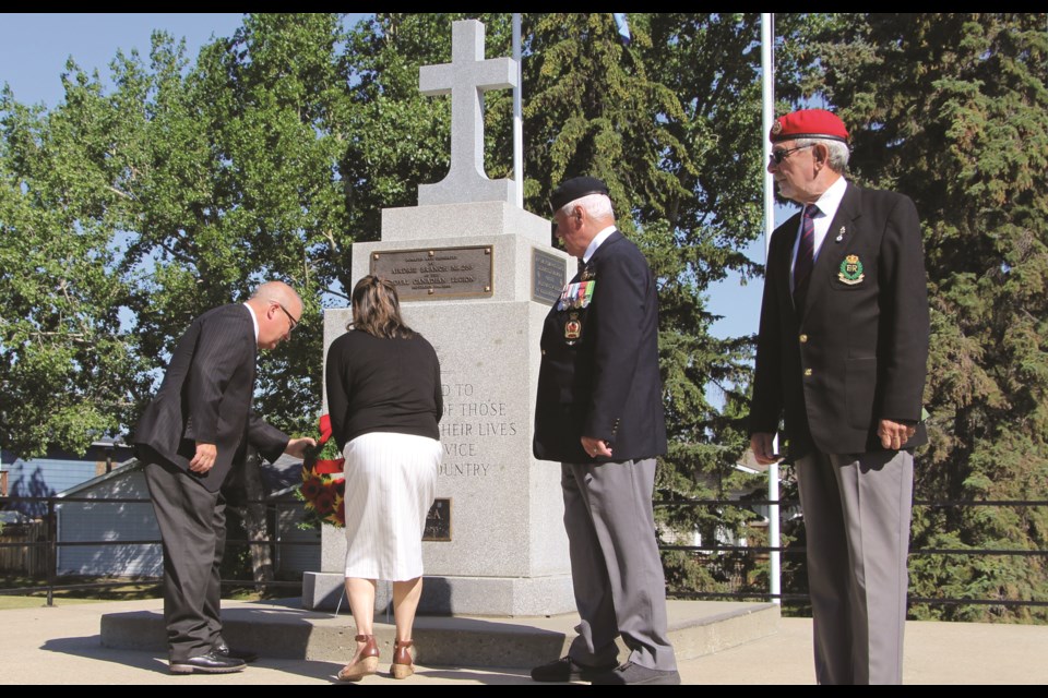Members of the Airdrie Legion, Korean War Commemorative Committee, and Mayor Peter Brown gathered together for the laying of a wreath in front of the Airdrie Korean War Memorial. The site will be home to the future Gapyeong Battle Victory Monument to be erected next summer, 2023. 