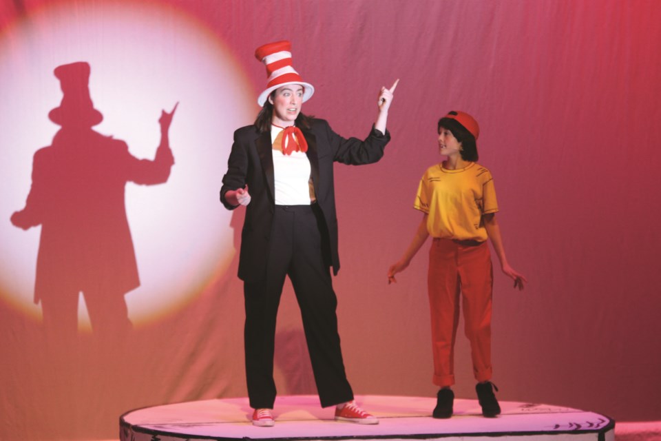 The cast of Seussical: The Musical take to the stage for the opening performance, including characters such as Cat in the Hat, Horton, Jojo, the Whos, Mayzie La Bird, and Gertrude McFuzz at Bert Church LIVE Theatre on May 27. 