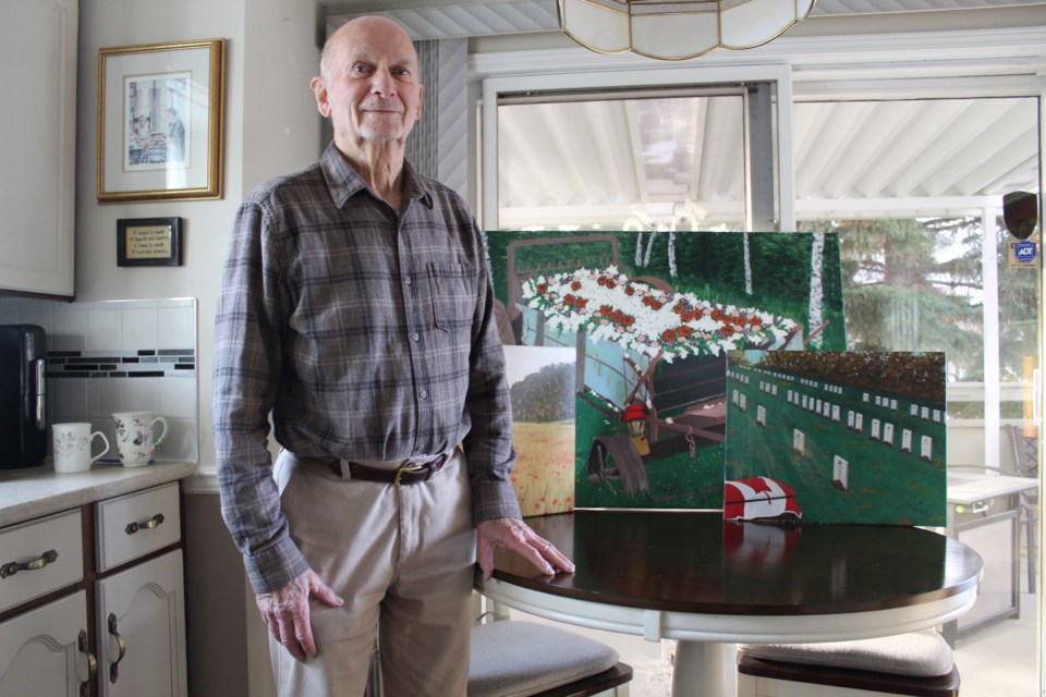 Airdrie-based artist and veteran Bob Harriman shows off some of his military-themed works to honour the sacrifice of Canadian war vets.
