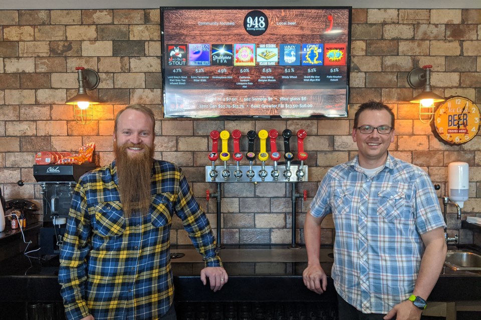 David Schroter (left) and Kyle Wudrich, owner/operators of 948 Brewing Company Ltd., focused on expanding their beer production line when the pandemic hit. Photo supplied
