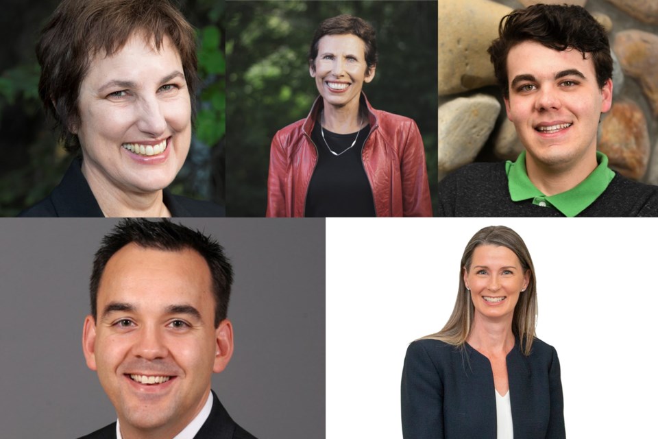 Candidates hoping to represent Banff-Airdrie riding include (clockwise from top left) Anne Wilson, Gwyneth Midgley, Austin Mullins, Nadine Wellwood and incumbent Blake Richards.
Photos Submitted/For Rocky View Publishing