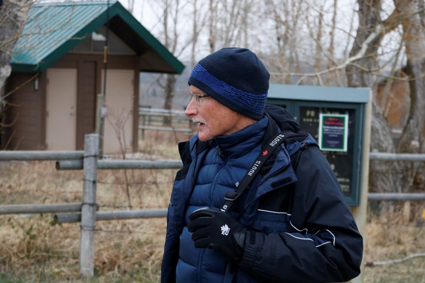 Longtime park volunteer and nature photographer Ken Wright led a Jane's Walk, May 4 at Glenbow Ranch Provincial Park. Only a few people braved the cold, but Ken was happy to have some company along for a morning walk through the park. 
Photo by Nathan Woolridge/Rocky View Publishing