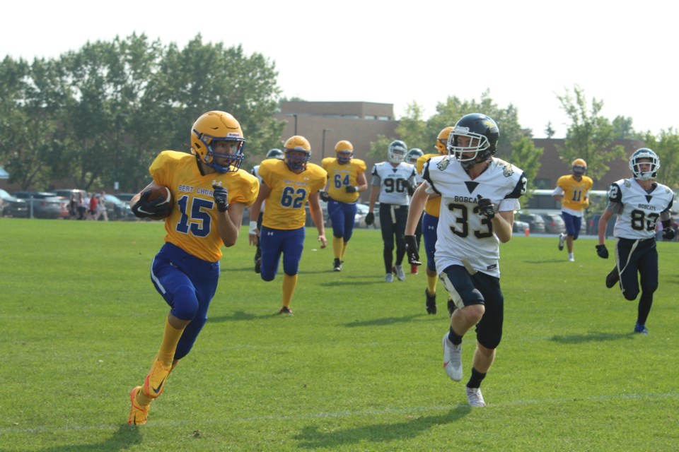 The Bert Church Chargers (seen here playing the Bow Valley Bobcats earlier this season) will face the W.H. Croxford Cavaliers in a cross-town clash to determine the RVSA's third best football team this Friday.