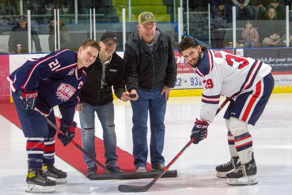 The Alumni Night game was preceded by a ceremonial puck-drop featuring the Generals' first two captains – Wade Lee and Keith Grainger – from the 1984 season.