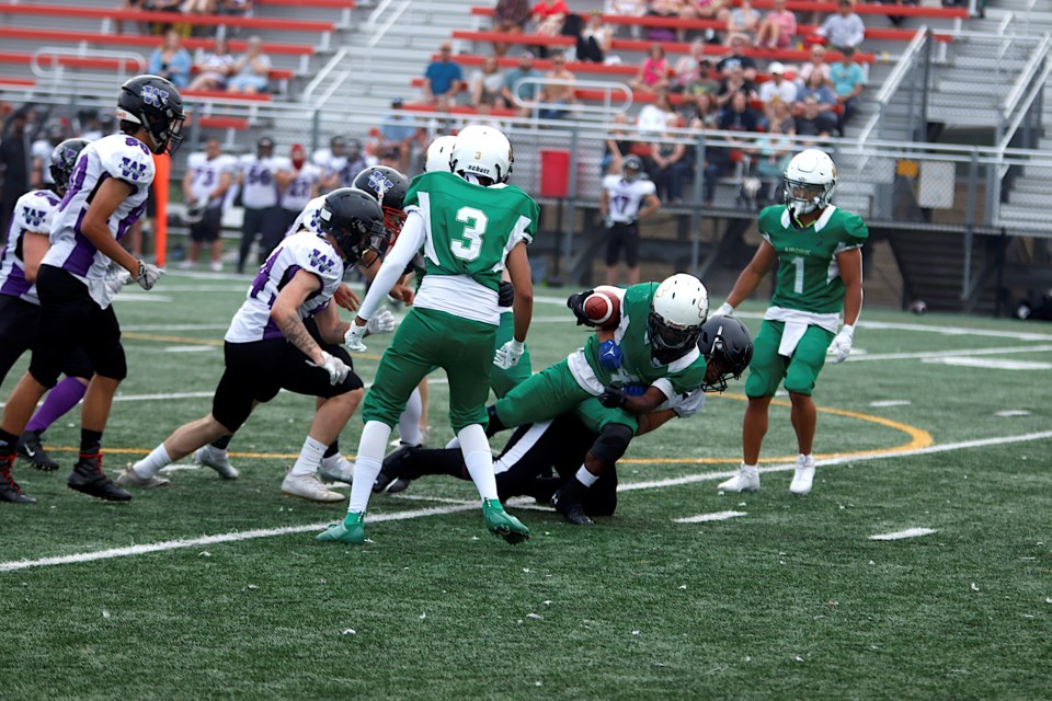 The Airdrie Irish secured second place in the standings and a first-round playoff bye in the Alberta Football League by beating the Calgary Wolfpack 41-13 on July 15.