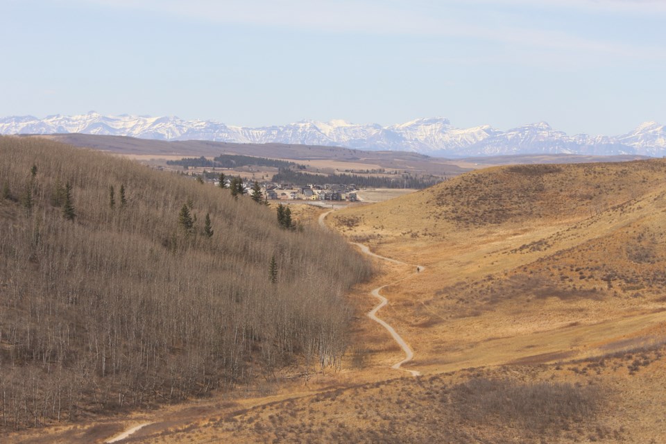 A winding trail leads through the rolling hills of Glenbow Ranch Provincial Park towards the Rocky Mountains.