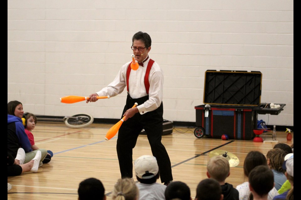 Flyin' Bob, a popular circus performer, entertained the students and taught a few tricks of the trade at Heloise Lorimer School in Airdrie on April 27.