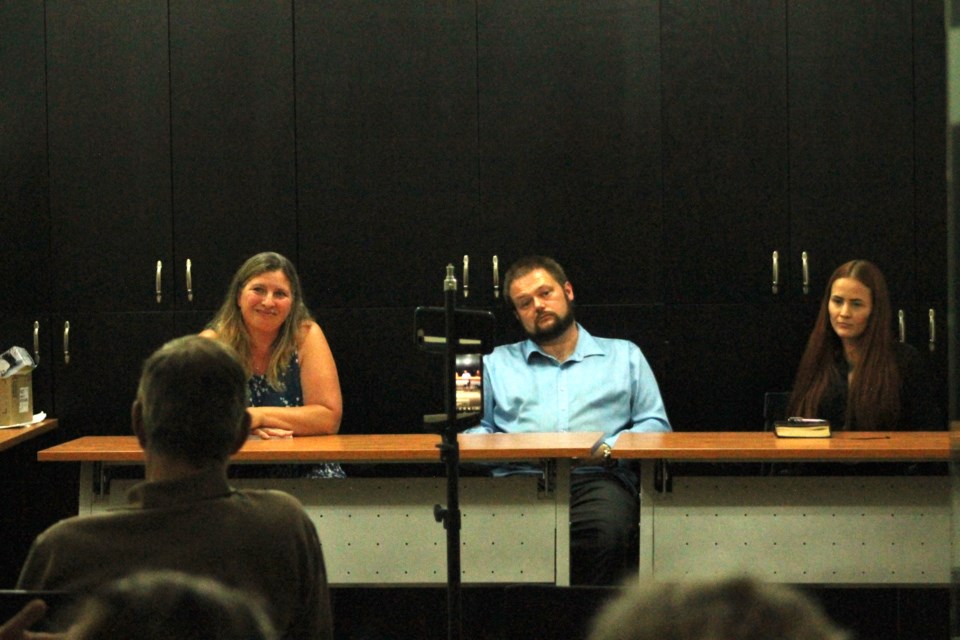 (Left to right): Julie Sim, Nathaniel Fleming, and Stephanie Katelnikoff fielded questions at a recent forum in the lead-up to Irricana's Sept. 6 byelection.
