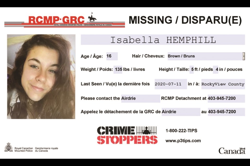 Sixteen-year-old Isabella Hemphill, who was last seen in Rocky View County July 11, is reported missing. Photo submitted/For Airdrie City View.