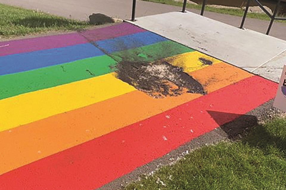 Airdrie Pride Society's rainbow pathway in Nose Creek Regional Park was vandalized for the second time in two weeks. Photo: Airdrie Pride Society Facebook.
