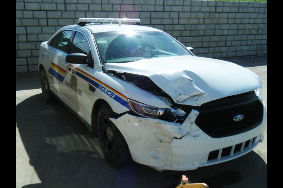 A male suspect rammed his truck into an RCMP cruiser in Chestermere June 4, before fleeing the scene on foot. 
Photo Submitted/For Rocky View Publishing