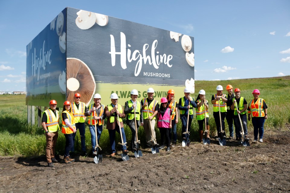 Highline Mushrooms recently announced a $20 million farm expansion near Crossfield. Rocky View County CAO Al Hoggan, Alberta Agriculture Minister Devin Dreeshen and Nathan Cooper, Speaker of the House, attended the ground-breaking event, Aug. 15.
Photo by Nathan Woolridge/Rocky View Publishing