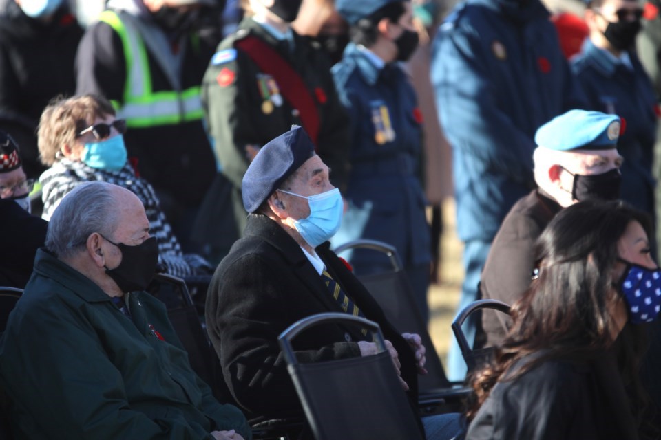 Jim Shave, seen here (middle) at last year's Remembrance Day ceremony in Airdrie, was the last-surviving World War II veteran of the local legion branch. He passed away this summer shortly before his 97th birthday.