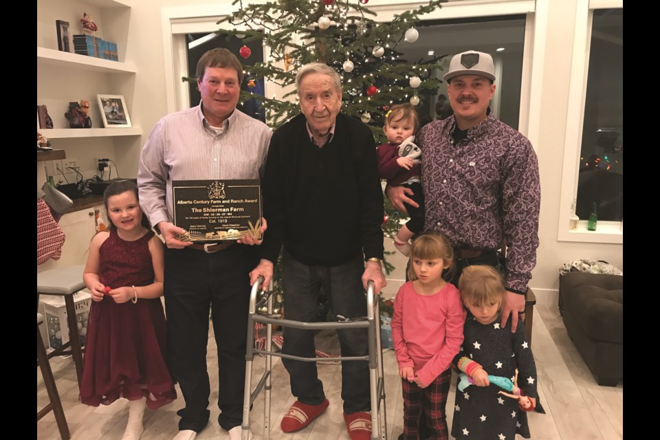 Four generations of the Shierman family – including (from left) Henry Shierman, Harry Shierman and David Shierman, along with David's daughters – celebrated the family's farm receiving the Alberta Century Farm and Ranch Award.
Photo Submitted/For Rocky View Publishing