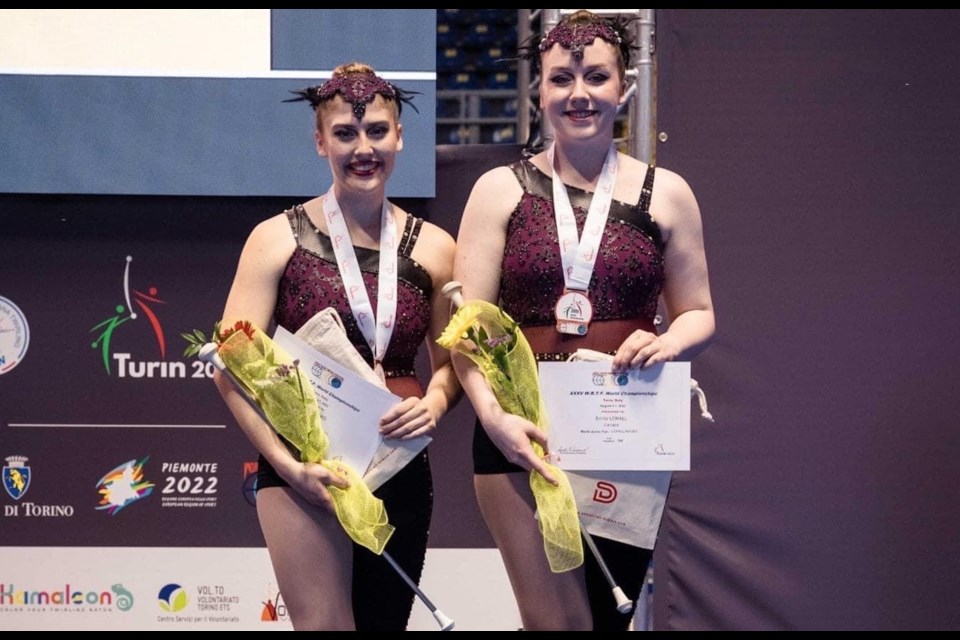 Brooke Mauro (left) and Emily Lewall (right) won a bronze medal at the baton twirling world championship in Turin, Italy. 