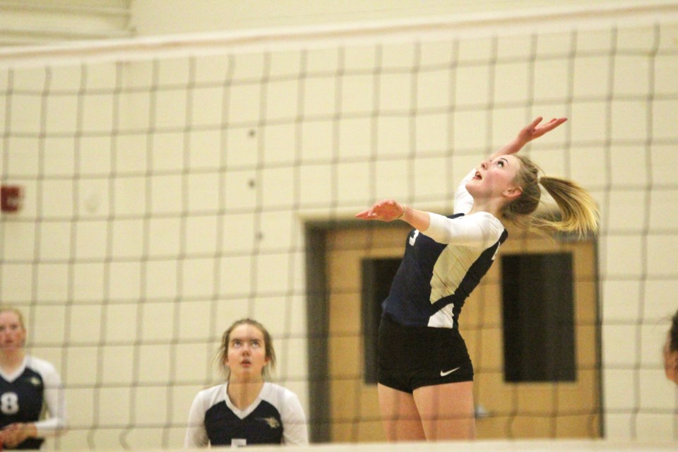 The Bow Valley Bobcats senior girls' volleyball team earned its first win of the 2019 Rocky View Sports Association season Oct. 16, ousting the W.H. Croxford Cavaliers in four sets. Photo by Scott Strasser/Rocky View Publishing