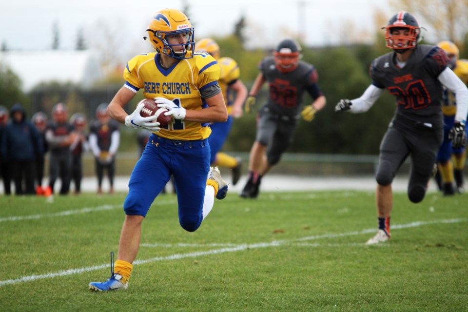 The Bert Church Chargers football team won its fourth straight game against RVSA opposition Sept. 26, downing the W.H. Croxford Cavaliers 39-6. Photo by Scott Strasser/Rocky View Publishing