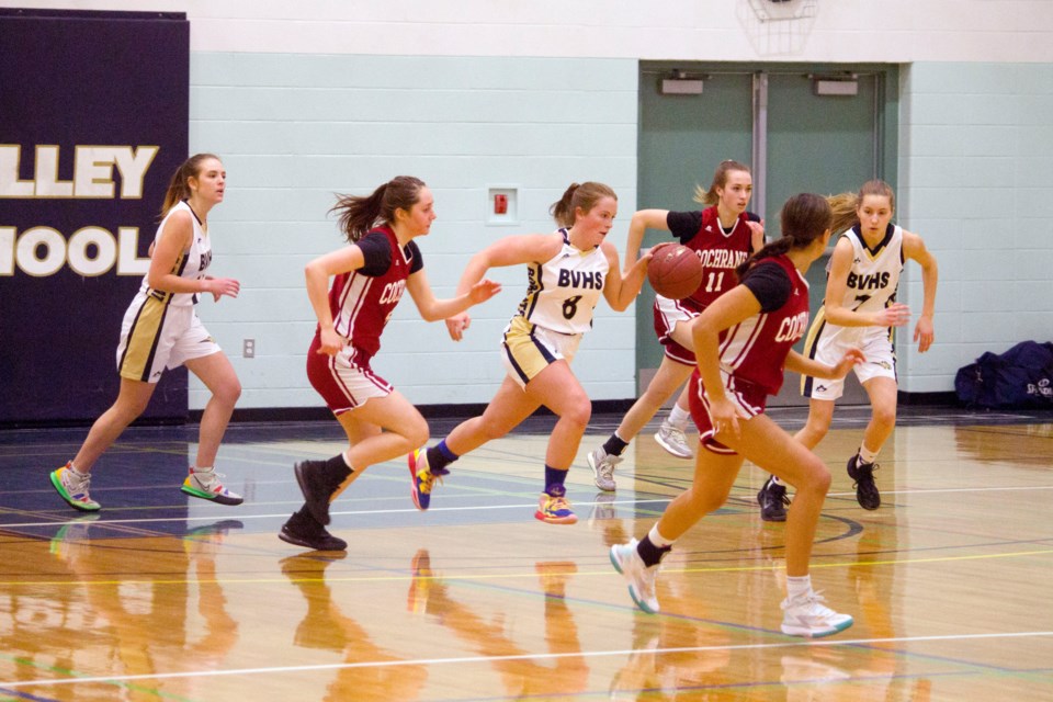 The Cochrane Cobras senior girls (crimson jerseys) beat the Bow Valley Bobcats twice last week – once in the regular season, and then again in an exhibition game.