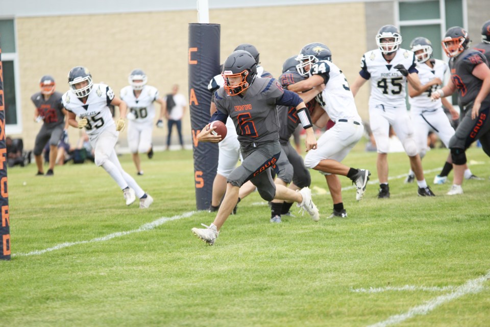 The W.H. Croxford Cavaliers took on the Bow Valley Bobcats, of Cochrane, Aug. 30 in an exhibition match to start the 2019 high-school football season. Photo by Scott Strasser/Rocky View Publishing