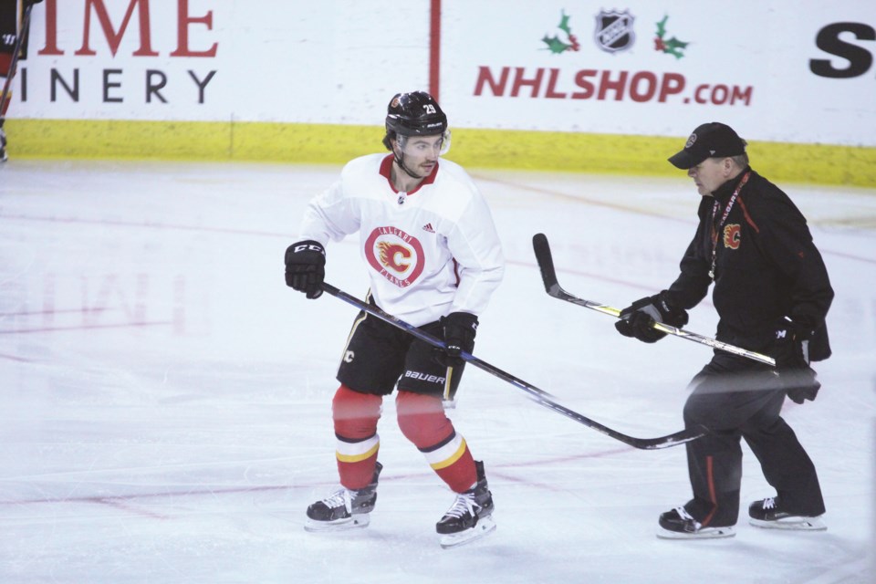 Cochrane native Dillon Dube (left) scored the winning goal for the Calgary Flames in the Jan. 5 shootout victory over the Minnesota Wild. It marked the 21-year-old's first penalty shootout in the NHL. File Photo/Rocky View Weekly