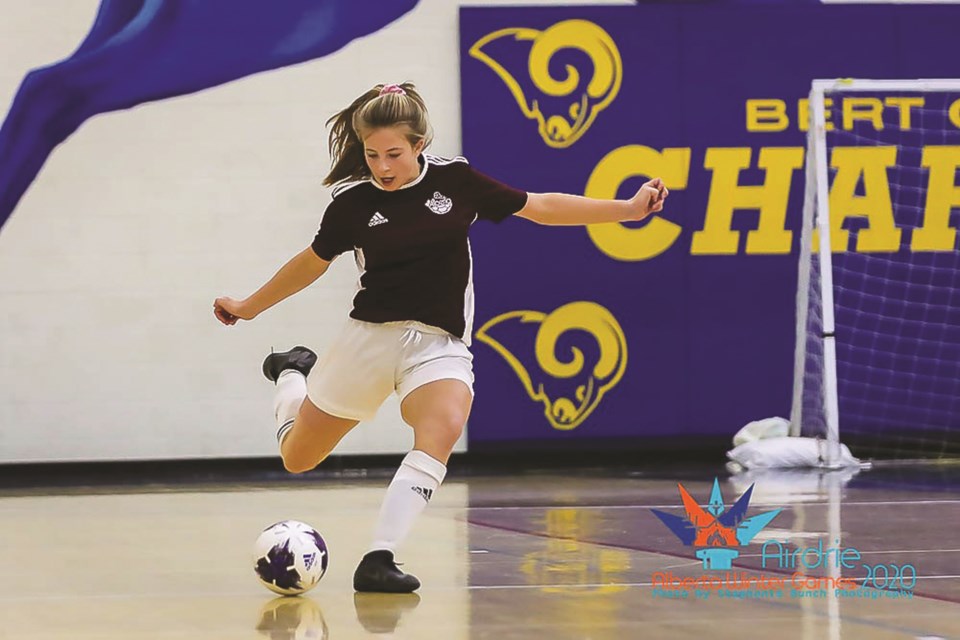 Twelve-year-old Felicity Geremia  earned a silver medal in the 2020 Alberta Winter Games futsal tournament, will also compete in the Games' snowboard competition in March. Stephanie Bunch Photography/For Rocky View Weekly