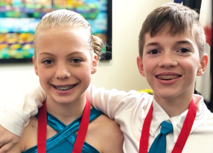 The season is going well for ice-skating partners Heather Nunn and Ben Vatcher. The Airdrie Skating Club duo earned gold at the Fall Competitive Invitational in Okotoks, Sept. 27 and 28. Photo submitted/For Rocky View Publishing