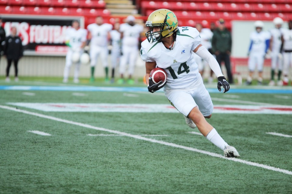 The Airdrie Irish's losing streak continued July 6, with a 28-9 loss to the Calgary Wolfpack at McMahon Stadium. Pictured: Marlon Zamora scored the Irish's lone TD. Photo by Scott Strasser/Rocky View Publishing