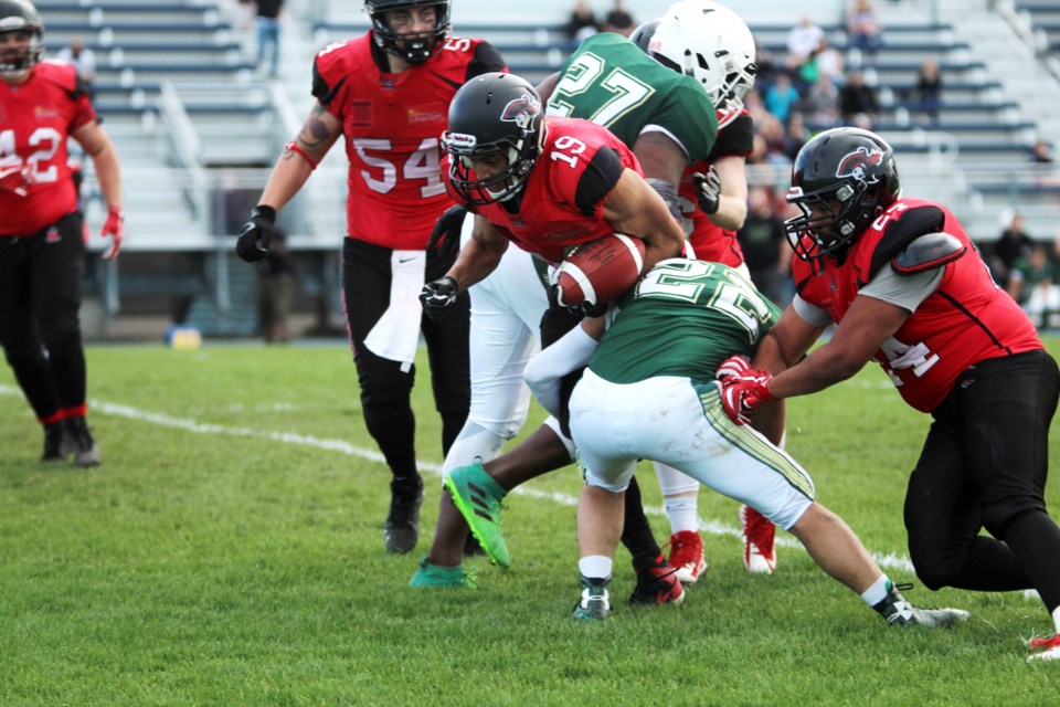 The Airdrie Irish men's football team lost its fourth consecutive game in the 2019 Alberta Football League season June 15, falling 21-0 to the unbeaten Central Alberta Buccaneers. 
Photo by Scott Strasser/Rocky View Publishing