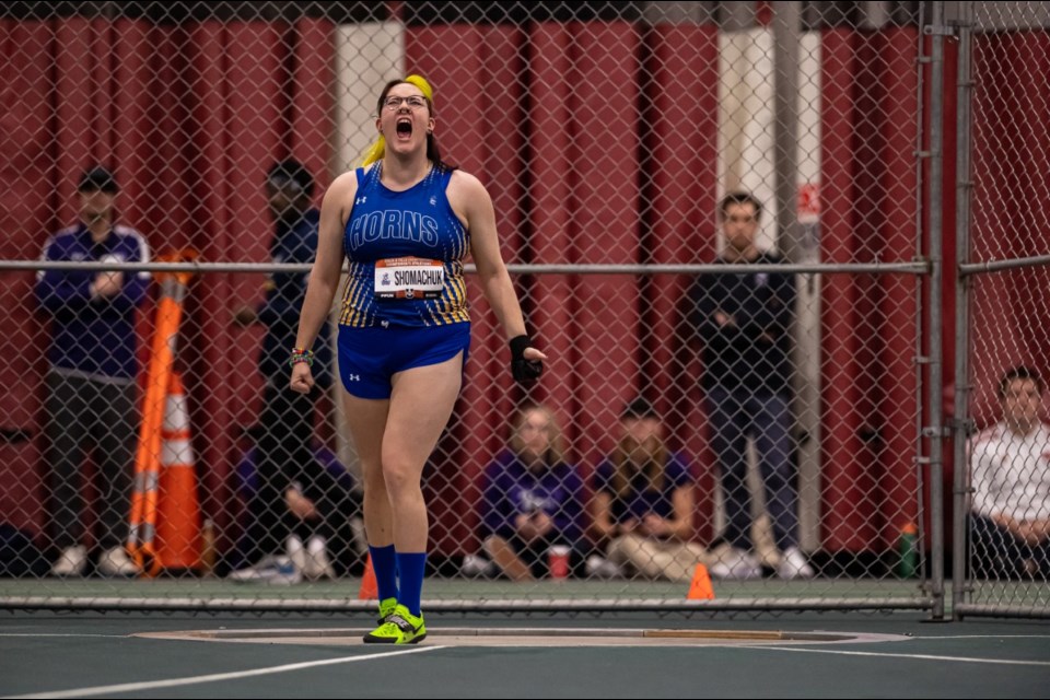 Bert Church alumna Jinaye Shomachuk, who now throws for the University of Lethbridge's track-and-field team, finished first in the U Sports national championships for women's weight throw last weekend.