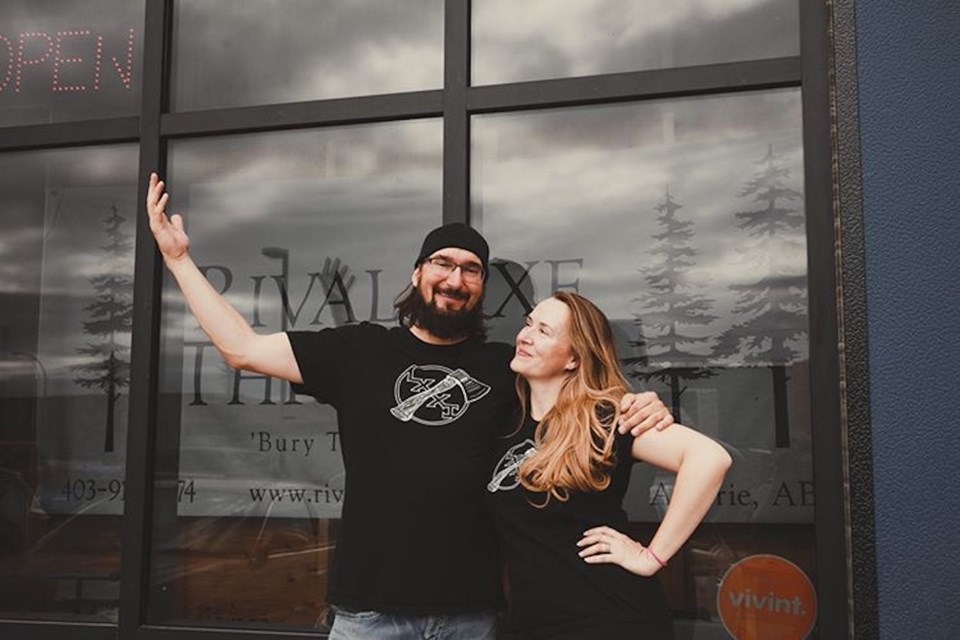 Nick and Kendra Kolomyja, a married couple who live in Airdrie, are set to return to the World Axe Throwing Championships this weekend, after competing at the event in 2019. Photo submitted/For Airdrie City View