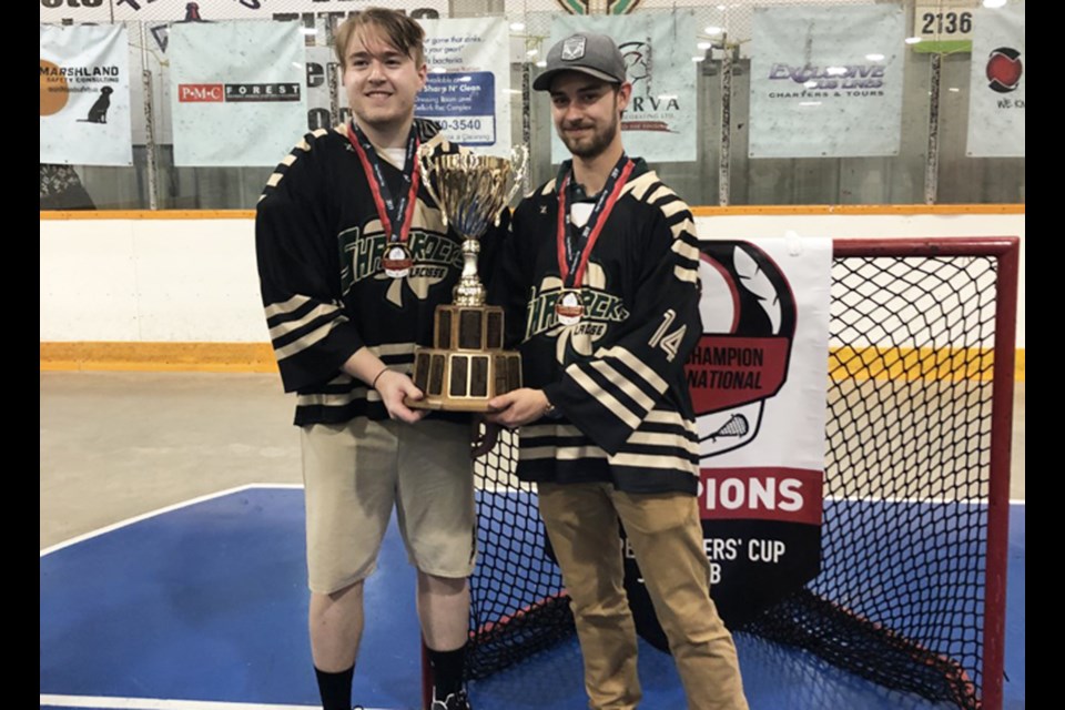 Airdrie's Mason Dyck (right) had quite the first year of junior lacrosse, winning the national Junior B championship with the Calgary Shamrocks. 
Photo submitted/For Rocky View Publishing