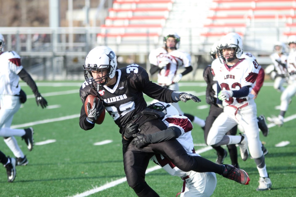 The Airdrie Raiders bantam team will vie for the CBFA Division 2 championship Nov. 2, after winning its semi-final Oct. 26, 30-6 against the Cochrane Lions. Photo by Scott Strasser/Rocky View Publishing