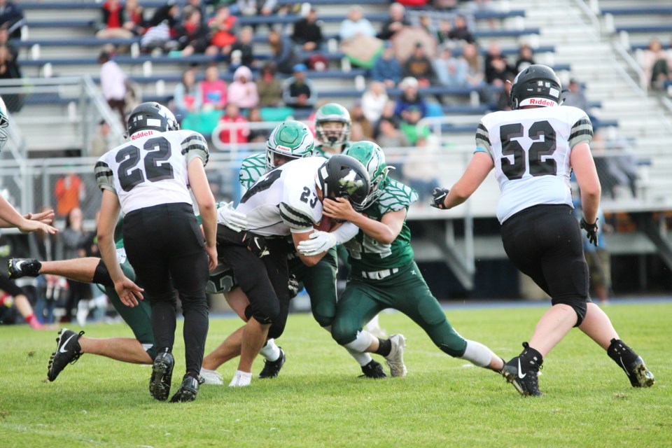 The Springbank Phoenix laid the hammer on the George McDougall Mustangs, of Airdrie, in the opening game of the 2019 RVSA football season. The Phoenix won 44-6. 
Photo by Scott Strasser/Rocky View Publishing