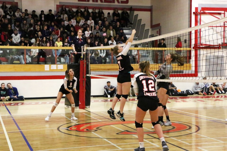 Shaelynn Doughty goes up for a block during a Chestermere Lakers volleyball game last season. Doughty set a school record by participating on seven seperate school sports teams in 2018-19.
Photo submitted/For Rocky View Publishing