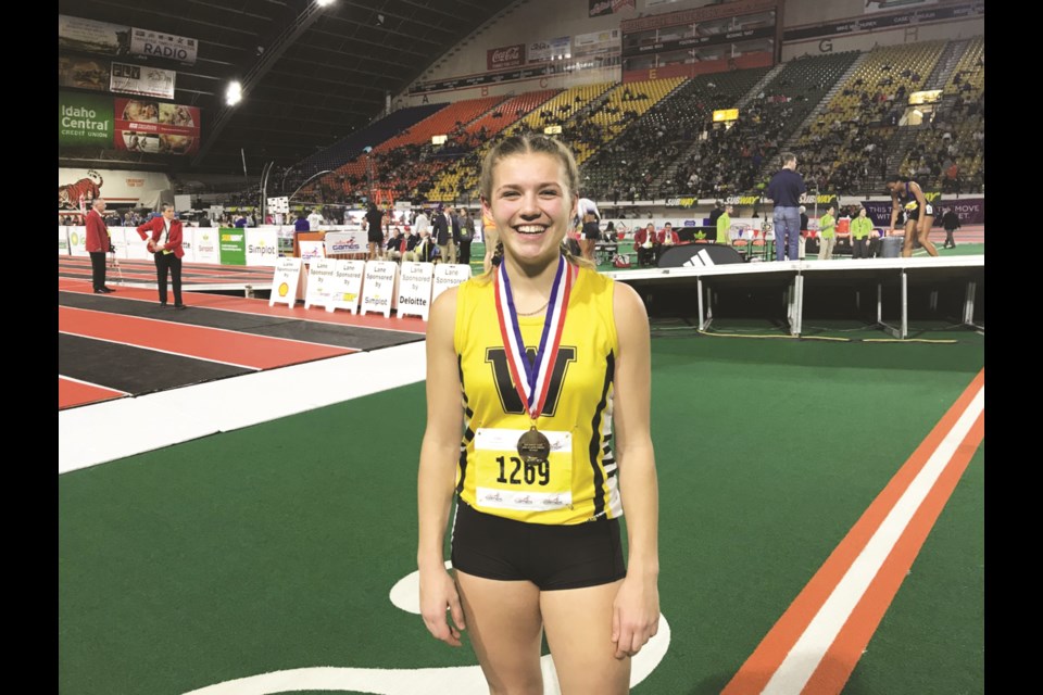 George McDougall track and field athlete Sienna MacDonald won gold in the women's 60-metre hurdles at the Simplot Games, Feb. 13 to 15 at Idaho State University. Photo: Simplot Games