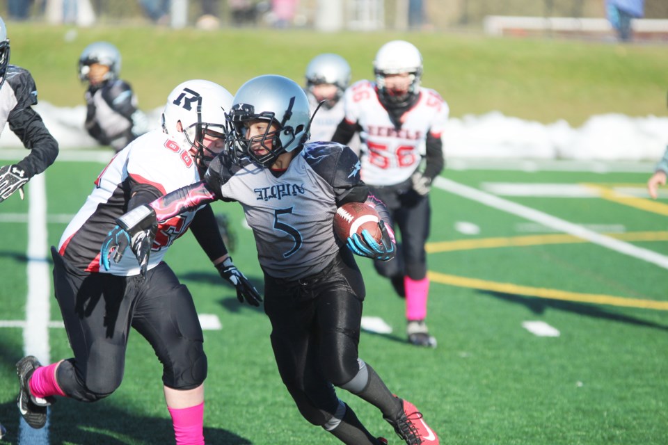 The Airdrie Storm peewee football team ended its regular season on a six-game winning streak in the Calgary Peewee Football Association. The Storm will enter the playoffs on the back of a 46-12 win over the Calgary Rebels, Oct. 12 at Shouldice Athletic Park. Photo by Scott Strasser/Rocky View Publishing