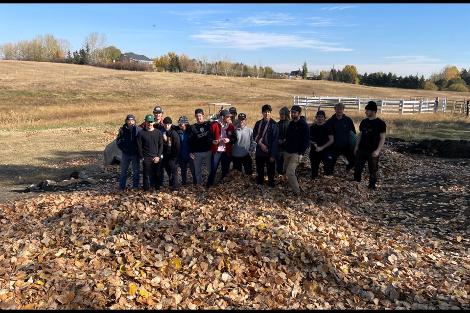 Members of the Airdrie Techmation Thunder clear the Wilson's property of leaves on Oct. 15.