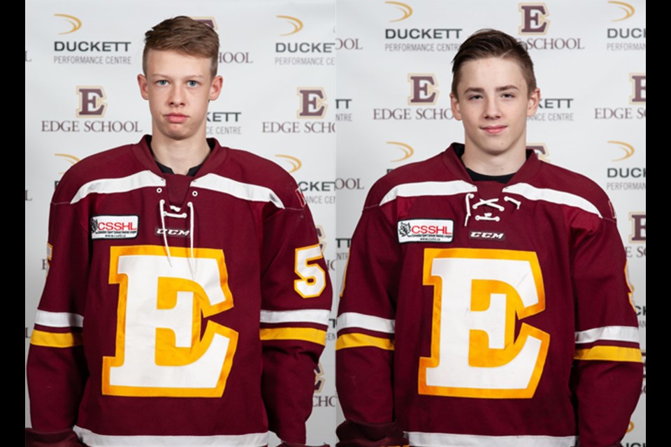 Airdrie hockey players Jaren Brinson (left) and Josh Davies (right) were selected in the WHL's 2019 Bantam Draft, with Brinson picked up by the Prince George Cougars and Davies by the Swift Current Broncos. Both played for the Edge Mountaineers bantam prep team last season.
Photo Submitted/For Rocky View Publishing
