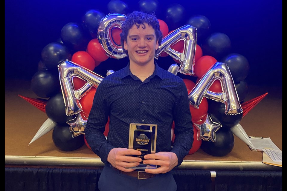 Airdrie/Bow Valley Havoc player Cade Farrow was all smiles when he received the U16 AA team's MVP award.