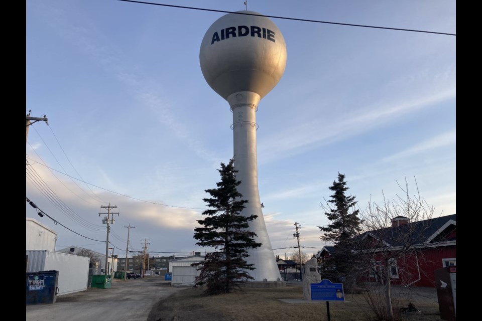 Airdrie's water tower stands tall on a brisk March afternoon