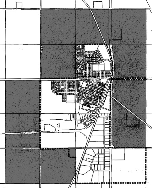 The shaded areas are the new physical boundaries for the Town of Crossfield after official notice was given, granting annexation of lands.