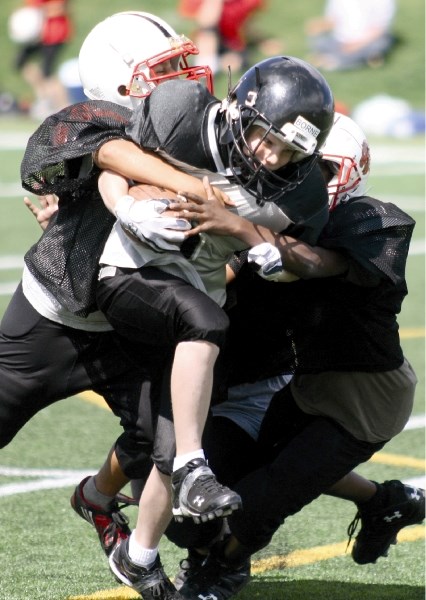 The Airdrie PeeWee Storm&#8217;s running back tries to elude two Calgary Bronco tacklers during pre-season football jamboree action at Calgary&#8217;s Shouldice Park on Aug.