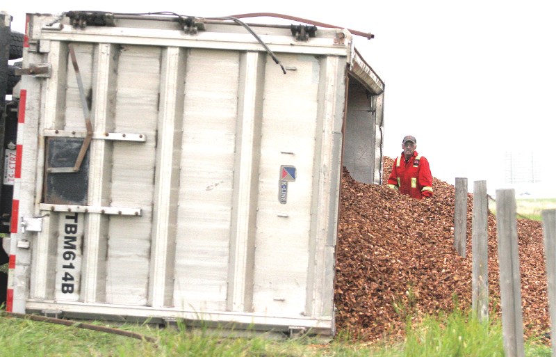 A semi truck was headed north on Range Road 10 near Balzac when it lost control, rolling into the ditch at 9:25 a.m., Aug. 20. The driver of the 30-wheel semi truck was taken 