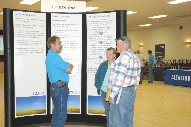 The Longeways (right), who are against the Western Transmission line being located on their property, attended the AltaLink open house at Crossfield Community Centre, Aug. 18.